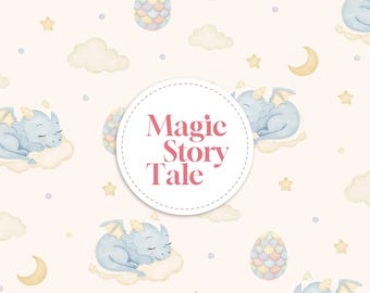 Sleeping Baby Dragon Seamless Pattern, Celestial Nursery Digital Paper, Kids Fabric Design