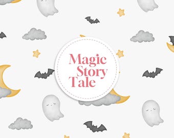 Pastel Halloween Seamless Pattern, Watercolor Ghost Moon Bat Digital Paper, Cute Night Sky Fabric, Nursery Halloween PNG
