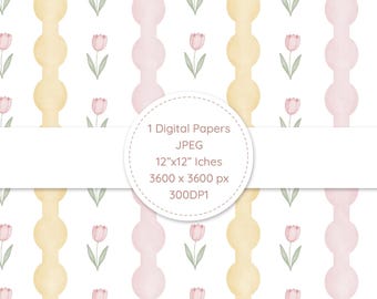 Pink Tulip Watercolor Digital Paper | Seamless Floral Nursery Pattern (Instant Download)