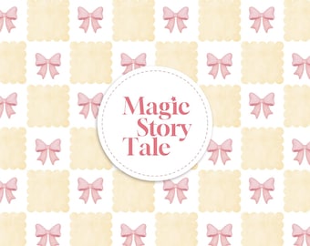 Pink Yellow Bow Seamless Pattern | Watercolor Gingham Digital Paper | Baby Fabric  Nursery Pattern