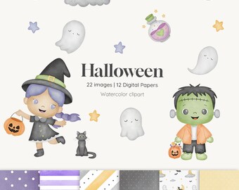 Halloween Watercolor Clipart Bundle, Kids Costume PNG, Ghost Witch Frankenstein Clipart, Cute Trick or Treat Graphics