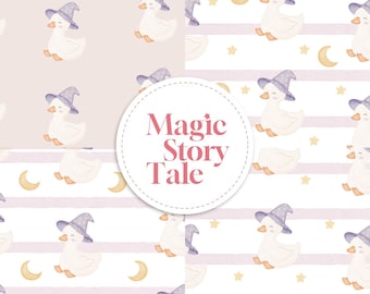 Witch Goose Seamless Pattern, Halloween Watercolor Digital Paper, Cute Gift Wrap, Kids Halloween Scrapbook Design