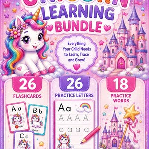 Op de afbeelding: Een kleurrijke eenhoorn leerbundel met flashcards, oefenletters en woorden. De set bevat een eenhoorn illustratie, een regenboog en een kasteel. De tekst luidt "Leren, Traceren, Oefenen" en "Een magische leerset voor kleine dromers!"