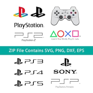 May include: A collection of PlayStation logos and a controller graphic on a white background. Includes logos for PlayStation, PS2, PS3, PS4, PS5, and PSP. The text "ZIP File Contains SVG, PNG, DXF, EPS" is also present.