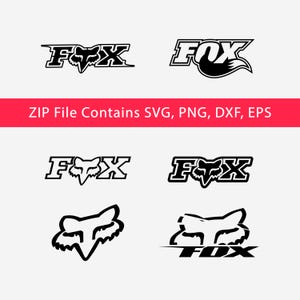 Puede incluir: Una colección de logotipos de Fox Racing en blanco y negro con varios diseños. Los logotipos presentan la palabra "FOX" con un gráfico de cabeza de zorro. La imagen incluye el texto "ZIP File Contains SVG, PNG, DXF, EPS" en una pancarta roja.