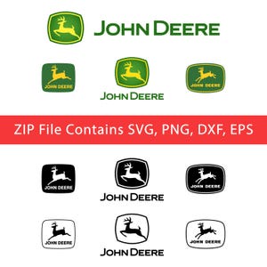 May include: A collection of John Deere logos in green and yellow, and black and white. The logos feature a leaping deer inside a shield. Text on a red banner reads "ZIP File Contains SVG, PNG, DXF, EPS".