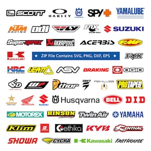 May include: A collection of logos for various brands, including Scott, Oakley, KTM Racing, Fox Racing Shox, and Suzuki. The image also contains the text "ZIP File Contains SVG, PNG, DXF, EPS". The logos are in various colors and styles.