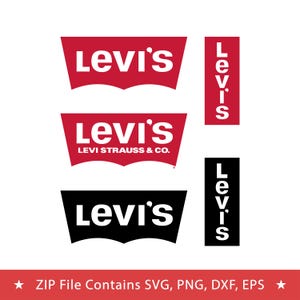 May include: Multiple Levi's logos in red and black, with white text. The logos include the classic batwing design and vertical text. The bottom of the image includes the text: ZIP File Contains SVG, PNG, DXF, EPS.