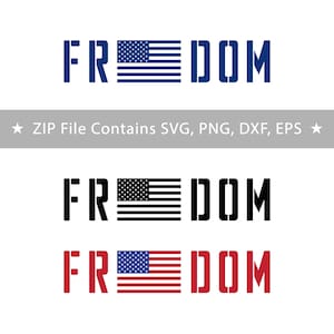 以下が含まれることがあります： 「FREEDOM」という単語が、青、黒、赤の3つの異なる配色で表示されています。各単語には、文字「O」としてアメリカ国旗が含まれています。画像は白い背景にあります。