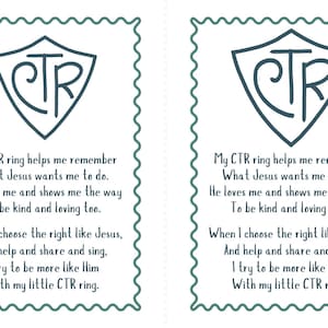 Puede incluir: Dos tarjetas blancas idénticas con un borde festoneado turquesa. Cada tarjeta presenta un emblema en forma de escudo con las letras "CTR" y un poema sobre las enseñanzas de Jesús. El texto es de color turquesa oscuro.