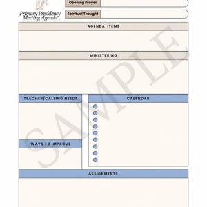May include: A Primary Presidency Meeting Agenda template featuring a beige background with blue and tan headers. The document includes sections for Date, Opening Prayer, Spiritual Thought, Agenda Items, Ministering, Teacher/Calling Needs, Calendar, Ways to Improve, Assignments, and Closing Prayer.