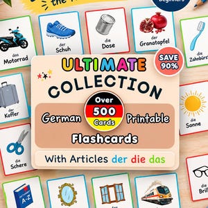 Może przedstawiać: Zestaw drukowanych fiszek do nauki języka niemieckiego z ilustracjami przedmiotów takich jak motocykl, but, granat i pociąg, z tekstem Ultimate Collection Over 500 German Printable Flashcards With Articles der die das.