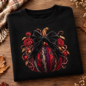 May include: A black crewneck sweatshirt featuring a central graphic of a pumpkin decorated with black lace overlays, deep red roses, and thorny vines. A large, prominent black ribbon bow is tied around the top of the pumpkin stem.