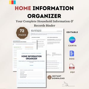 Könnte beinhalten: Ein digitaler Haushaltsinformations-Organizer mit 72 Seiten, der den Text Home Information Organizer, Your Complete Household Information & Records Binder enthält. Beinhaltet bearbeitbare Vorlagen für Canva, Word und PDF-Formate.