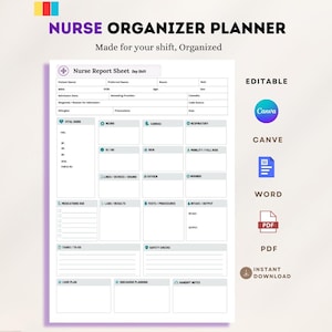 Può includere: Un modello di agenda per infermieri che mostra un foglio di rapporto paziente bianco con sezioni per segni vitali, neuro, cardiaco, respiratorio e farmaci. Include etichette per i formati Canva, Word e PDF.