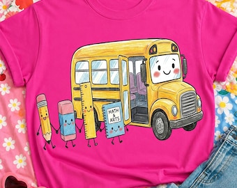 Cute School Bus PNG, Back to School Sublimation Design, Kawaii School Supplies Clipart, Kindergarten Teacher Shirt Design, Cute DTF Graphic