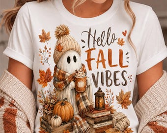 Hello Fall Vibes png, Cute Fall Ghost PNG, Autumn Pumpkin Sublimation Design, Cozy Fall Shirt PNG, Halloween PNG, Instant Download