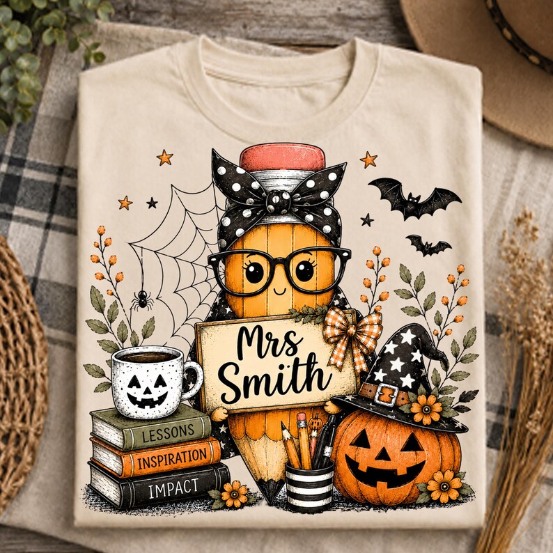 May include: A beige t-shirt featuring a graphic of a cartoon pencil wearing glasses and a black polka-dot headband. The pencil holds a sign reading Mrs Smith, next to a stack of books labelled Lessons, Inspiration, and Impact, and a jack-o'-lantern.
