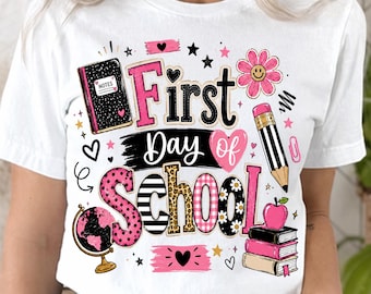 First Day of School PNG, Teacher Shirt Design, Coquette Back to School Sublimation, Cute Preppy School Clipart