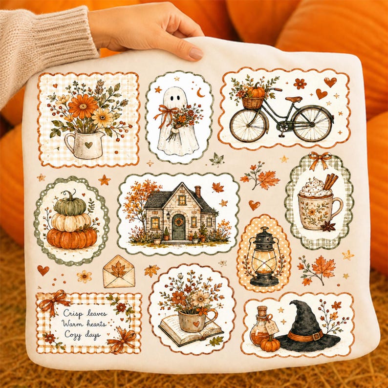 Cottagecore Fall PNG, Vintage Autumn Ghost Collage, Cozy Pumpkin Floral Coquette, Summerween DTF Sublimation, Retro PNG image 3