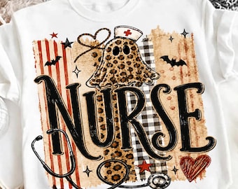 May include: A white t-shirt featuring a graphic of a ghost wearing a nurse cap with a red cross. The design includes the word NURSE in large black letters, a stethoscope, bats, stars, a heart, and a background of red stripes and black plaid.