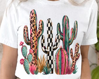 Faux Oil Painted Cactus PNG, Leopard Checkerboard Western Boho Sublimation Graphic, Desert Cowgirl Digital Download for T-Shirts