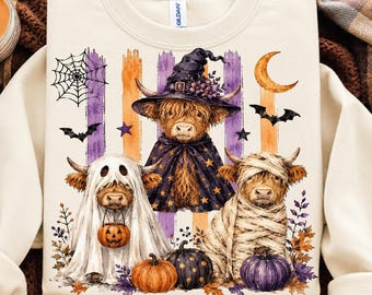 Striped Halloween Highland Cow PNG, Spooky Cow Sublimation Design, Cute Ghost Highland Cow, Fall Halloween Shirt PNG, Instant Download