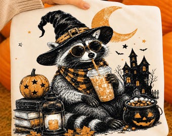 Halloween Raccoon PNG, Spooky Trash Panda PNG, Funny Witch Raccoon Sublimation, Pumpkin Coffee Lover, Fall Halloween Clipart, DTG Print