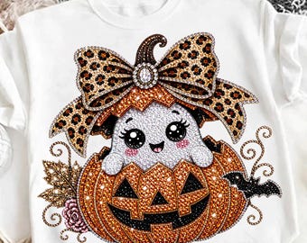May include: A white t-shirt featuring a graphic of a smiling ghost sitting inside a jack-o'-lantern pumpkin. The ghost wears a large leopard print bow. The design is embellished with sparkling rhinestones, including a small black bat and autumn leaves.
