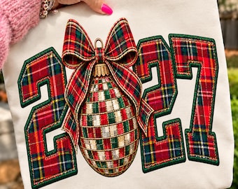 New Year 2027 Disco Ball PNG, Plaid Bow 2027 Sublimation Design, Christmas Tartan Digital Download, Retro Holiday Shirt PNG, DTF Transfer,