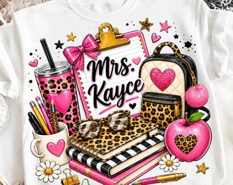 Custom Teacher Name PNG, Brushstroke Teacher png, Leopard Lanyard PNG, Coffee Teacher PNG, Floral Crayon png, Back To School png