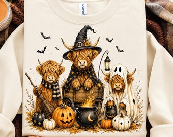 Funny Halloween Highland Cow PNG, Spooky Mummy Cow PNG, Cute Pumpkin Highland Cow Sublimation, Fall Western Shirt Design