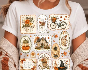 Cottagecore Fall PNG, Vintage Autumn Ghost Collage, Cozy Pumpkin Floral Coquette, Summerween DTF Sublimation, Retro PNG