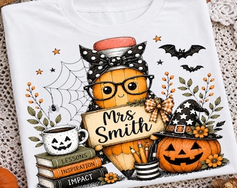 Custom Name Floral Teacher PNG, Halloween Teacher Pencil PNG, Cute Spooky Teacher Sublimation, Personalized Fall Teacher Design
