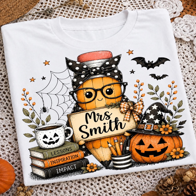 May include: A white t-shirt featuring a graphic of a pencil character wearing glasses and a black polka dot bow, holding a sign that reads Mrs Smith. The design includes a jack-o'-lantern, a stack of books labelled Lessons, Inspiration, Impact, and a spiderweb.