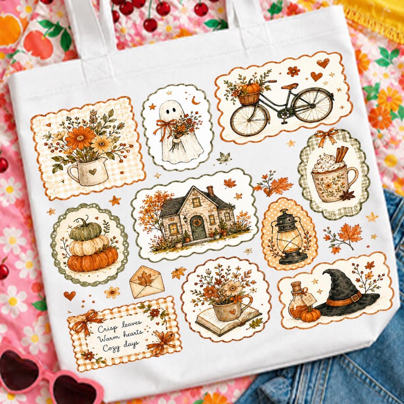 May include: A white canvas tote bag featuring various autumn-themed illustrations including a bicycle with a pumpkin basket, a ghost, a house, a lantern, a witch hat, and floral arrangements. The text reads, "Crisp leaves, Warm hearts, Cozy days."