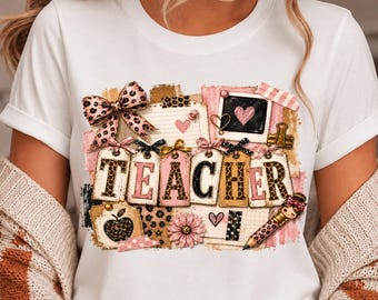 Coquette Leopard Teacher PNG, Bow School Design, Teacher Appreciation Gift, Retro Preppy Teacher Sublimation, Cute Teacher PNG