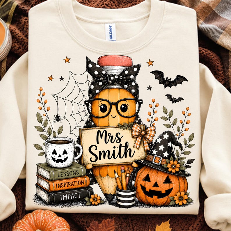 May include: A cream-coloured crewneck sweatshirt featuring a graphic of a cartoon pencil wearing glasses and a polka-dot headband. The pencil holds a sign reading Mrs. Smith, next to a stack of books labelled Lessons, Inspiration, and Impact.