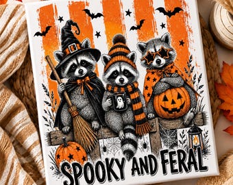 Stripes Spooky And Feral Raccoon PNG, Halloween Raccoon PNG, Witch Hat Raccoon, Pumpkin Fall PNG, Cute Animal Sublimation