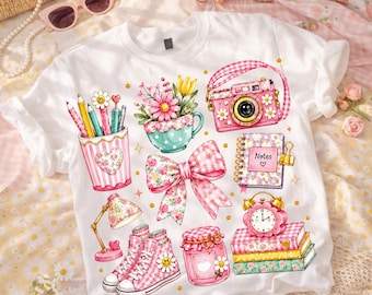 Preppy Back to School Floral Girly PNG, Coquette Pencil Bow PNG, First Day of School Girl, Teacher Shirt Sublimation, Digital Download
