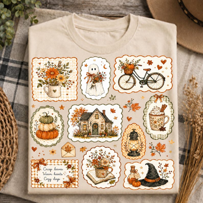 May include: A beige t-shirt featuring a collage of autumn-themed illustrations in scalloped frames, including a house, a ghost, a bicycle with a pumpkin basket, a mug of cocoa, a lantern, a witch hat, and flowers with the text Crisp leaves Warm hearts Cozy days.