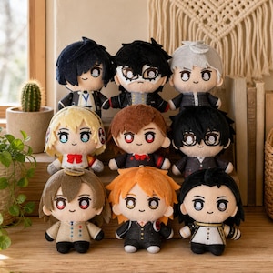 May include: Nine plush dolls with detailed facial features and various hairstyles. The dolls are dressed in different outfits, with black, grey, and brown jackets. The dolls are arranged on a wooden surface, with a neutral background.