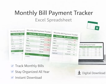 Monthly Bill Payment Tracker Excel Spreadsheet | Budget Planner (Digital Download)