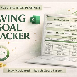 May include: A laptop displays a savings goal tracker with a progress dashboard and savings milestones. A piggy bank with coins and the text "32%" are on the left. The words "Saving Goal Tracker" are in green.
