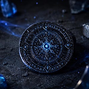 May include: A dark, circular pendant with an intricate, engraved design featuring a central starburst and surrounding patterns. The pendant has a metallic appearance with blue accents, set against a dark, textured background with scattered blue crystals.