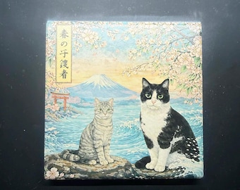 Custom Japanese Style Pet Portrait Ceramic Tile, Personalized Cat Memorial Gift, Ukiyoe Pet Coaster, Custom Pet Magnet, Cherry Blossom Cat