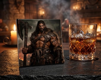 Posavasos de bárbaro de fantasía oscura, decoración de escritorio para gamers, regalo para clase de rol, posavasos de cerámica, guerrero berserker, arte, decoración de sala de juegos