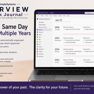 May include: A laptop displaying the YearView Work Journal software interface, showing a calendar view for January 15 across multiple years from 2023 to 2026. The screen features meeting notes, event logs, and a sidebar with monthly navigation.