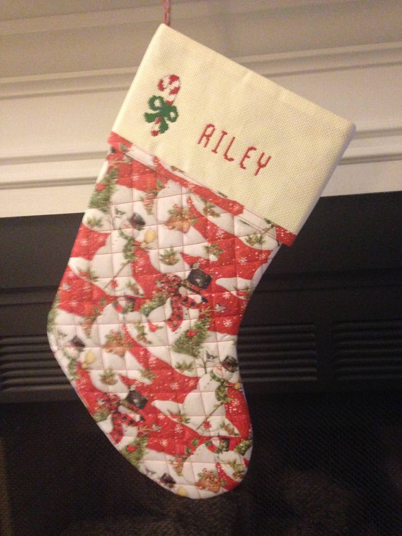 Christmas Stocking quilted personalized with cross stitch Etsy