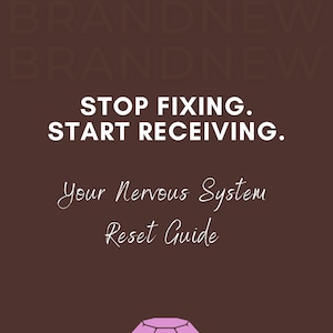 Könnte beinhalten: Braune Grafik mit weißem Text: "STOP FIXING. START RECEIVING." Darunter steht in Schreibschrift "Your Nervous System Reset Guide." Am unteren Rand befindet sich ein rosa Diamant.